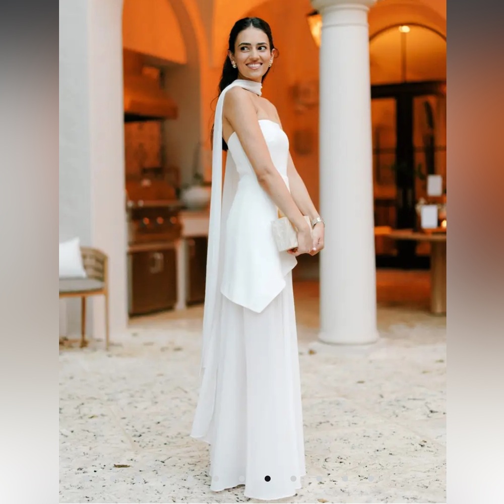 White asymmetrical dress with scarf